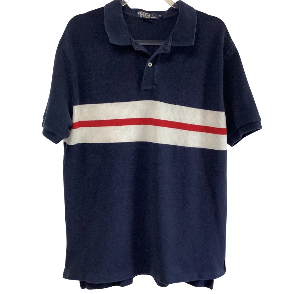 Polo Ralph Lauren Polo Shirt Mens XL Navy Blue Striped Short Sleeve Pique Cotton